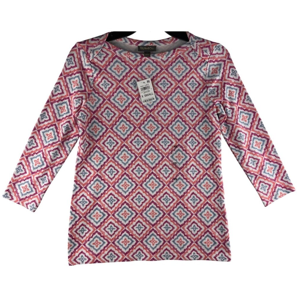 Style & Co. Womens XS Pima Cotton Top 3/4 Sleeve Simple Rose